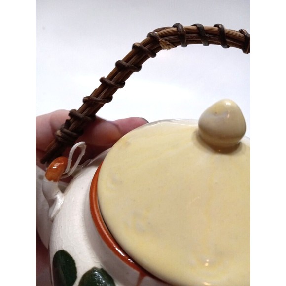 Vintage Stoneware Tea Pot Bamboo Handle Japan Blue Flowers Green Leaves - Picture 5 of 11